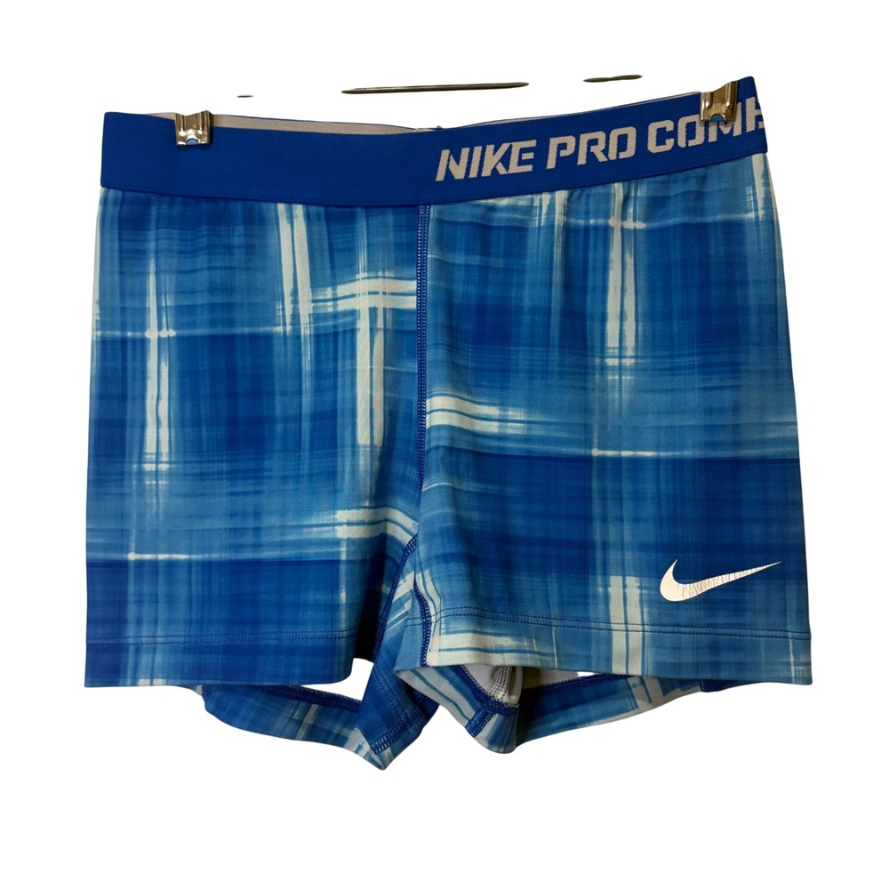 Nike Pro Combat Compression Shorts Womens M Blue‎ Plaid Dri-FIT Workout Gym Lift